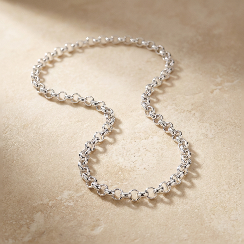 Silver chain necklace on a beige stone surface