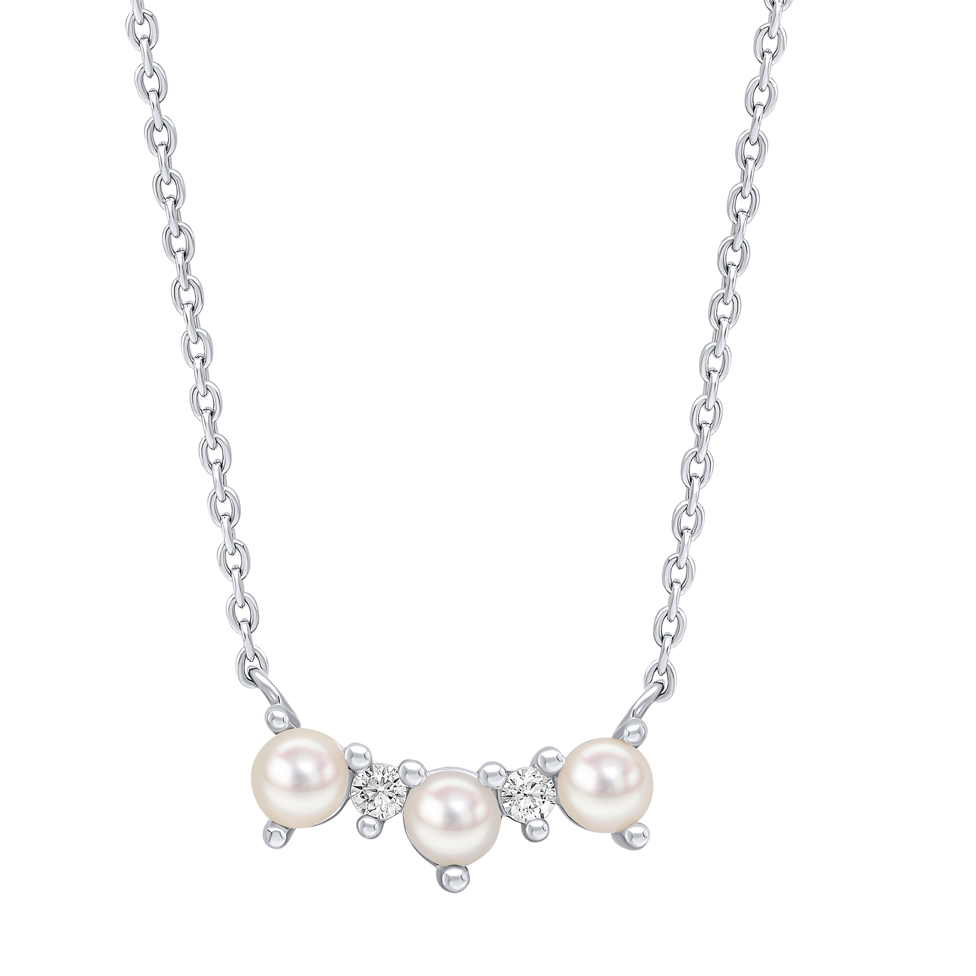 Curved Freshwater Pearl and Cubic Zirconia Bar Necklace with silver chain on a white background