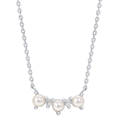 Curved Freshwater Pearl and Cubic Zirconia Bar Necklace with silver chain on a white background
