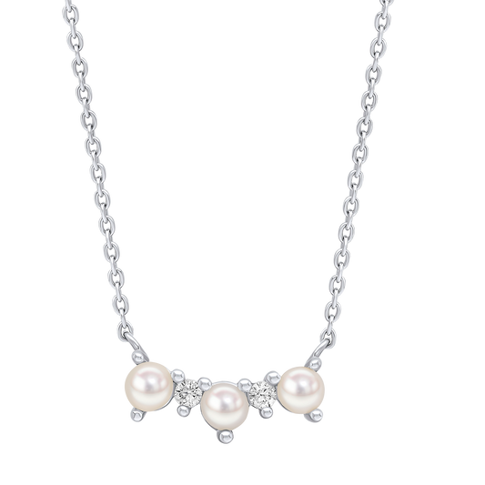 Curved Freshwater Pearl and Cubic Zirconia Bar Necklace with silver chain on a white background