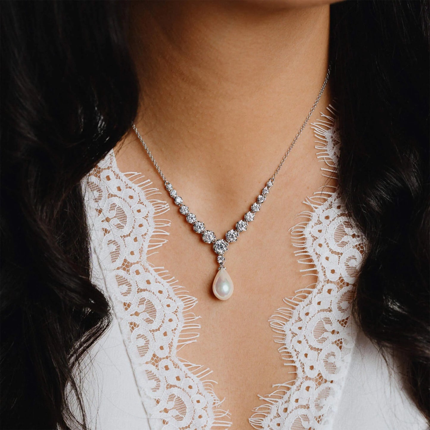Statement Zirconia Lined Necklace with Shell Pearl Drop
