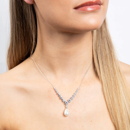 Statement Zirconia Lined Necklace with Shell Pearl Drop