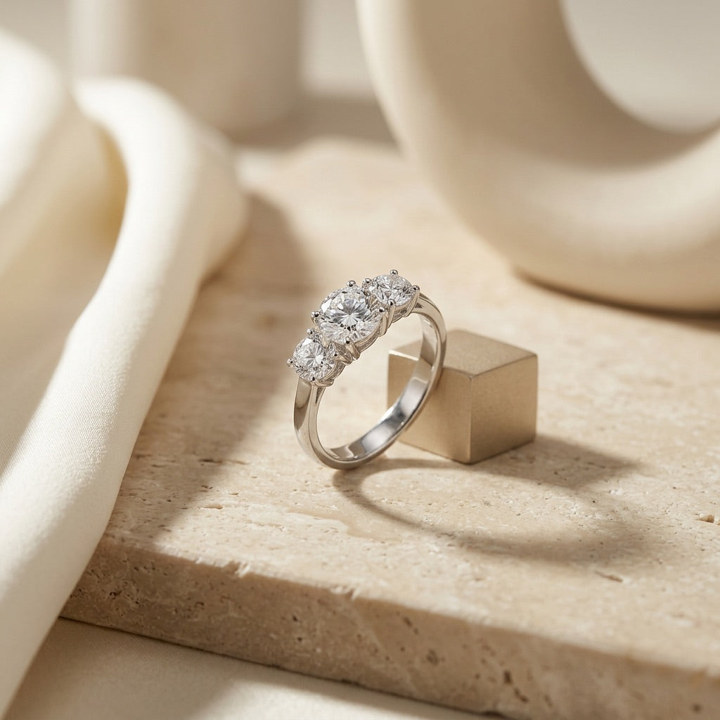 Silver ring with diamonds on a beige stone surface