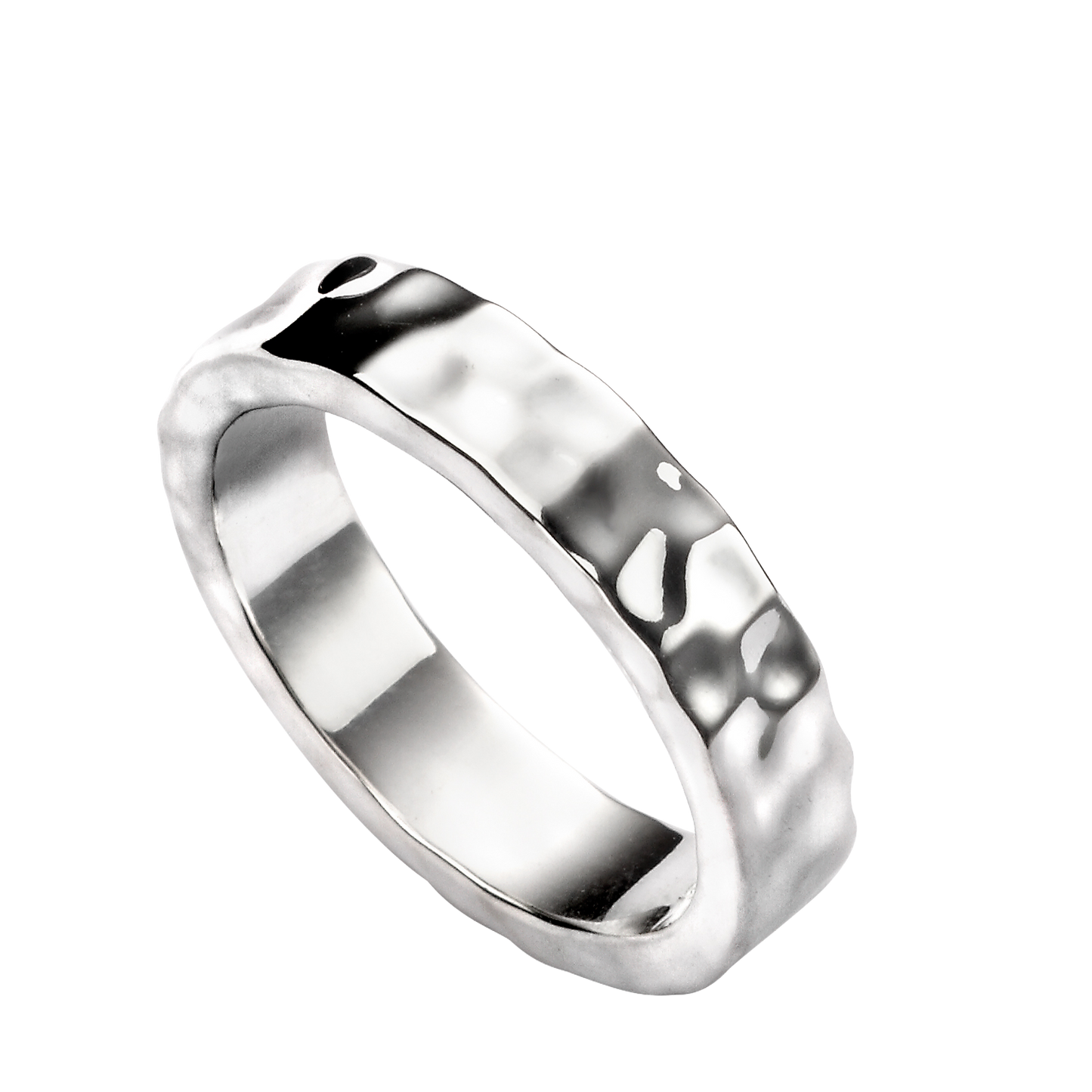 Silver ring with a textured band on a white background
