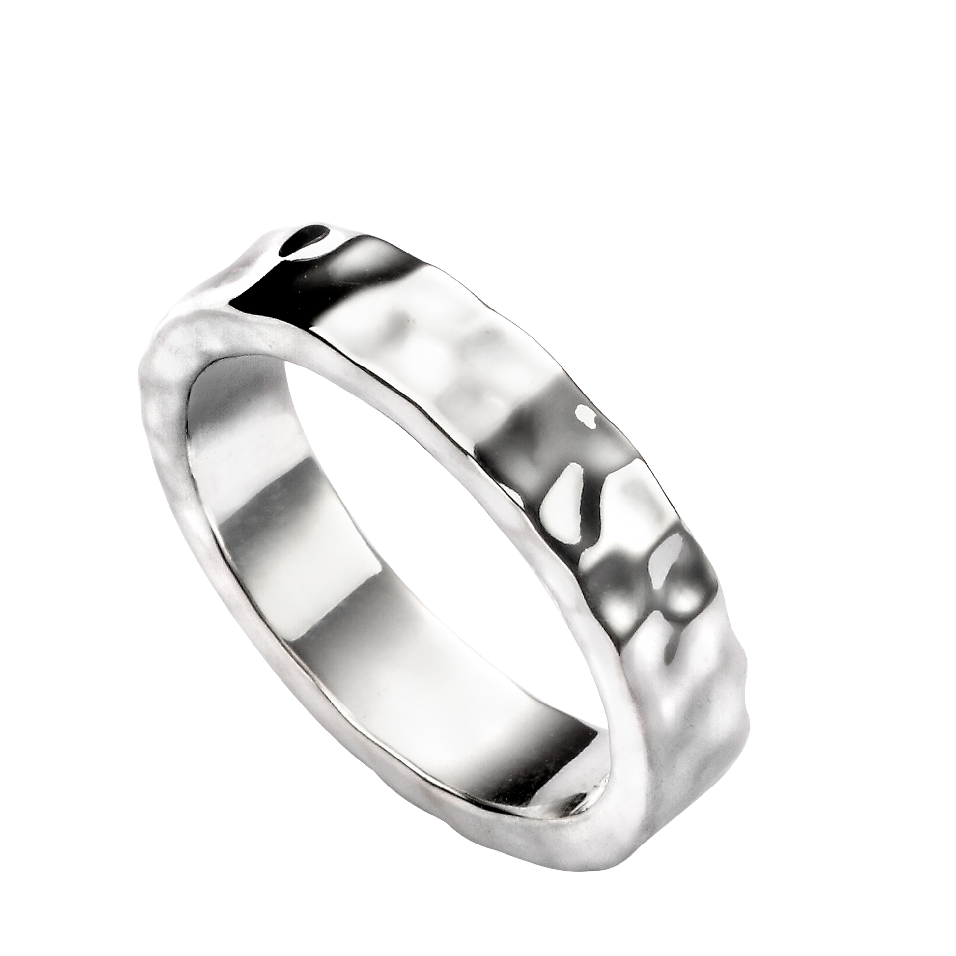 Silver ring with a textured band on a white background