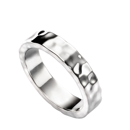Silver ring with a textured band on a white background