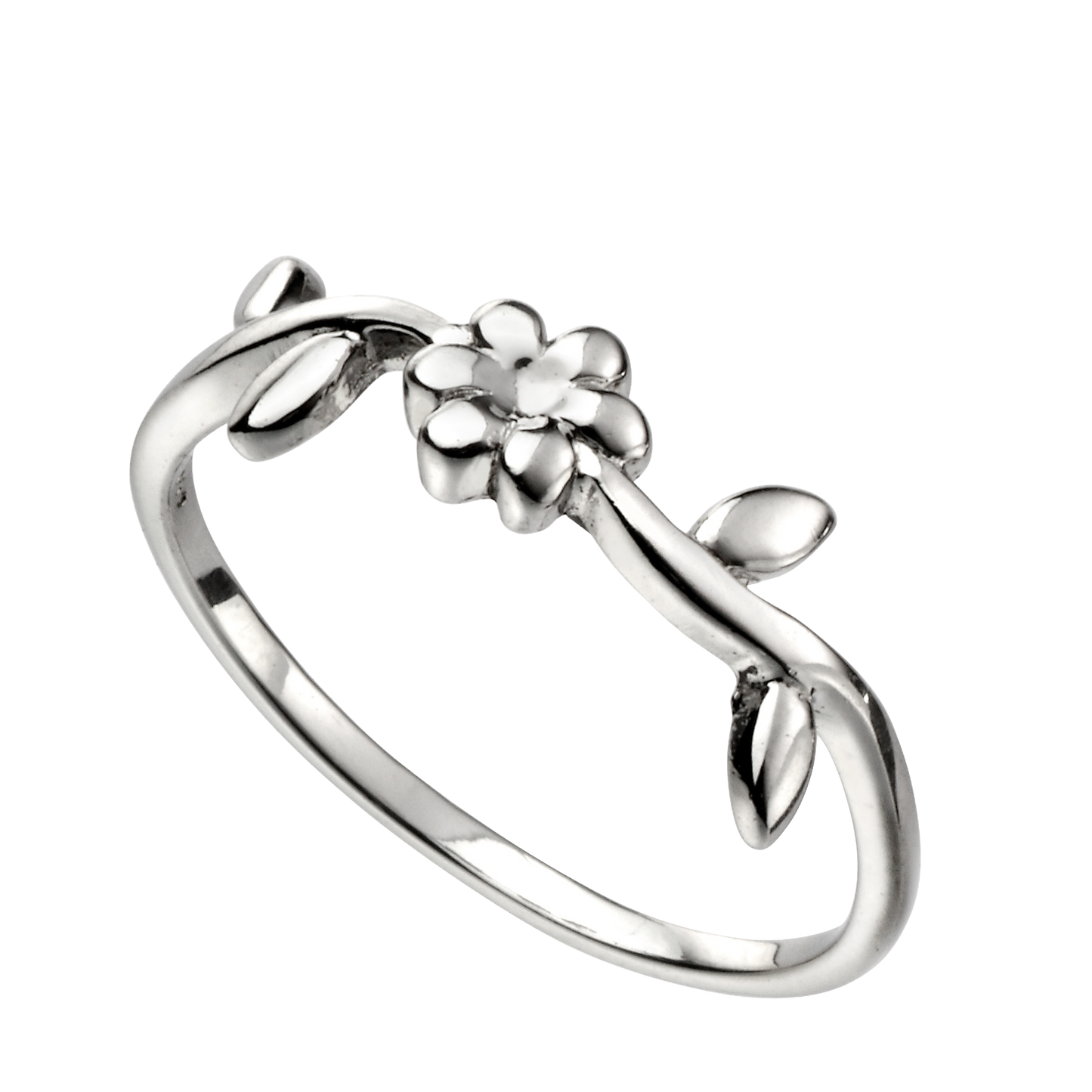 Silver ring with floral design on a white background