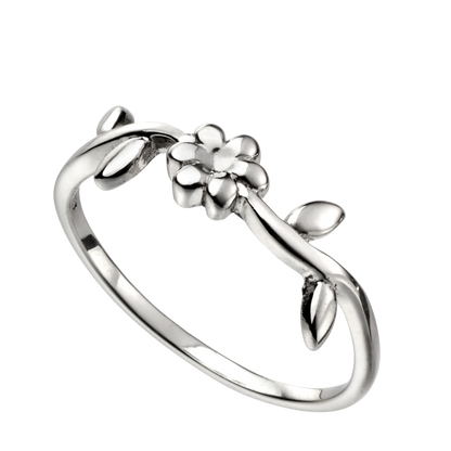 Silver ring with floral design on a white background