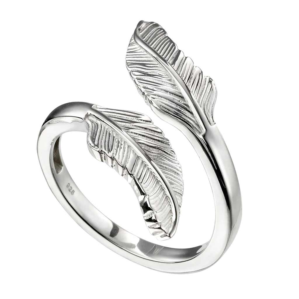 Silver ring with feather design on a white background
