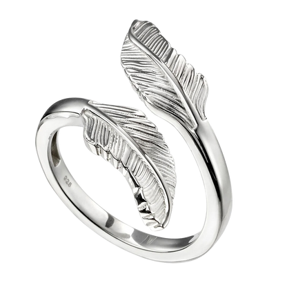 Silver ring with feather design on a white background