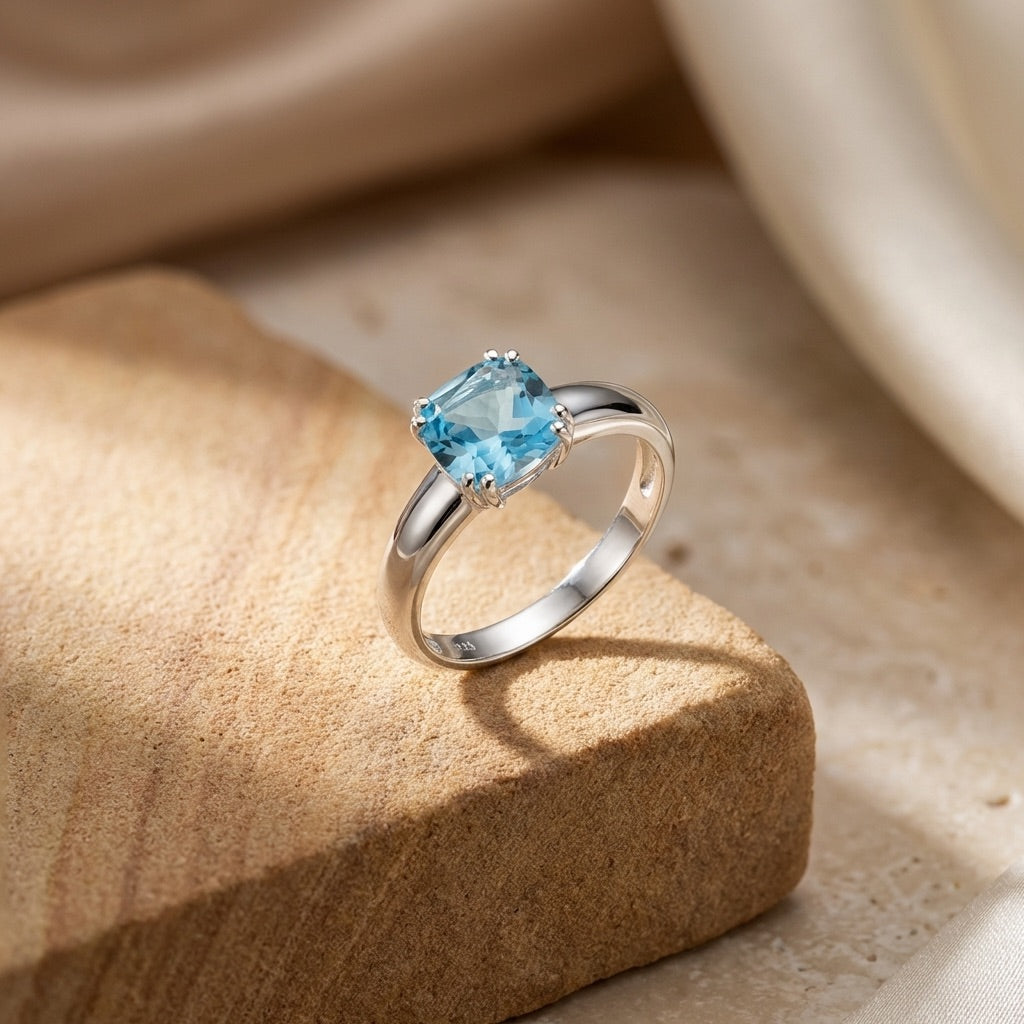 Silver ring with a blue gemstone on a beige stone surface