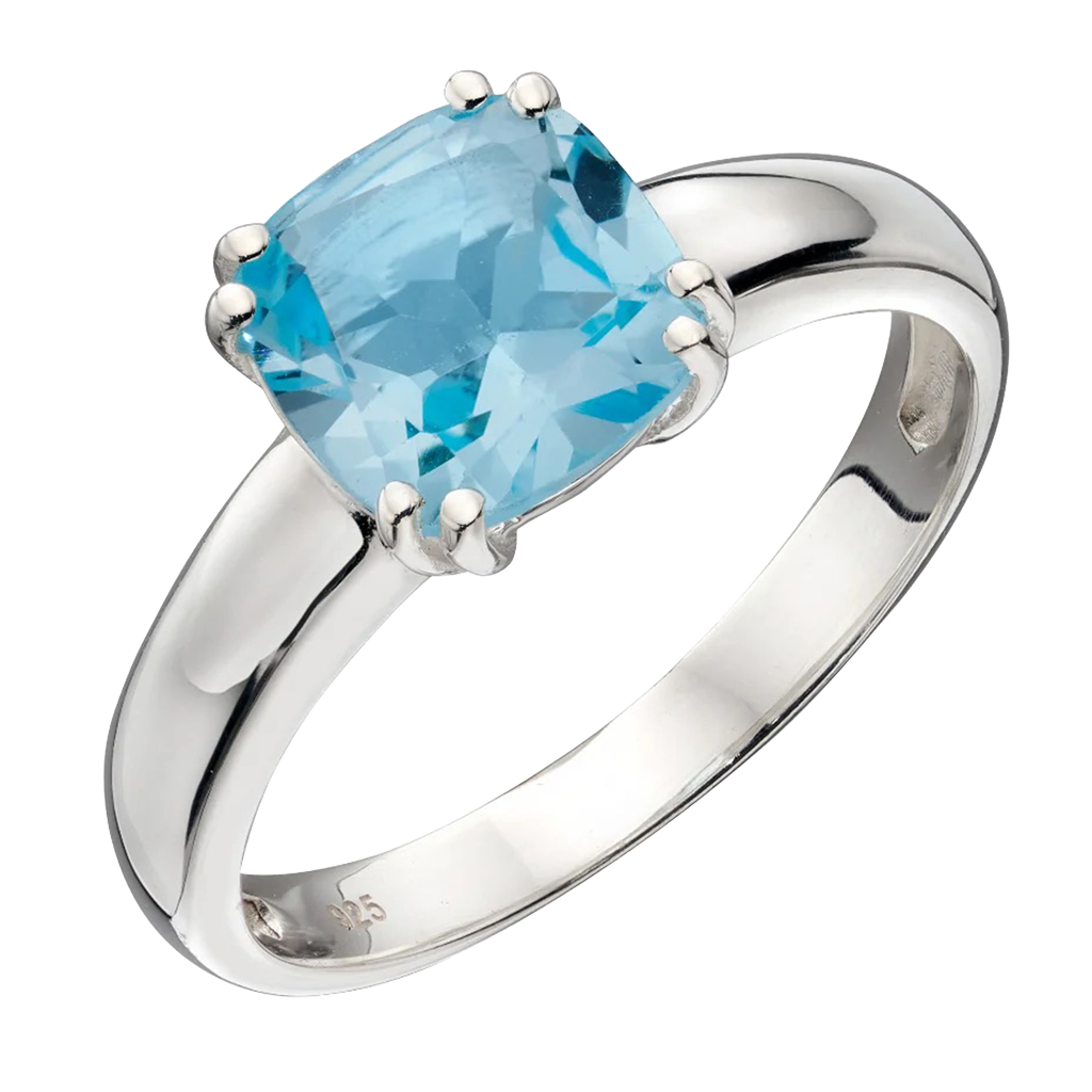 Cushion Cut Stone Ring with a blue gemstone on a white background