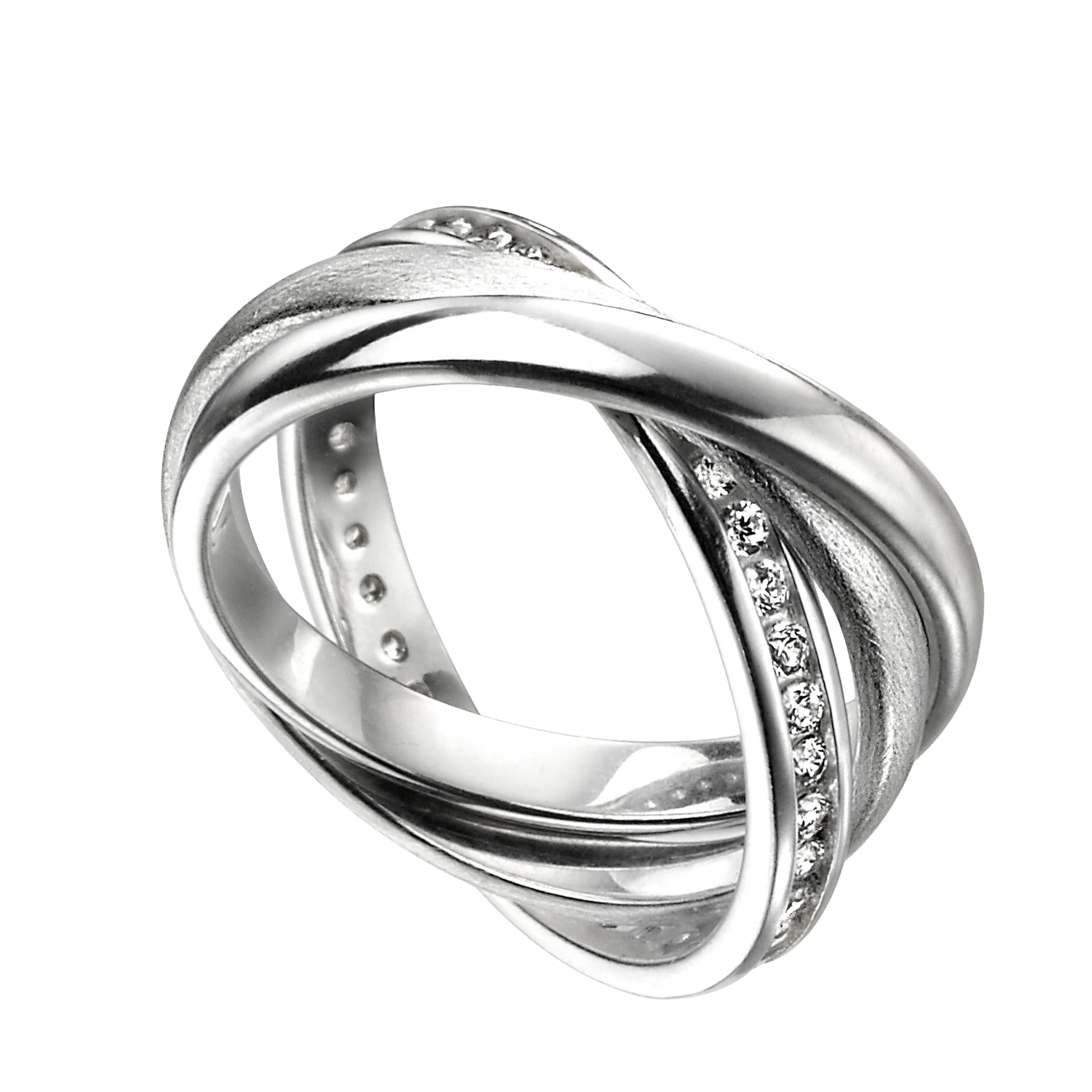 Silver ring with diamond accents on a white background