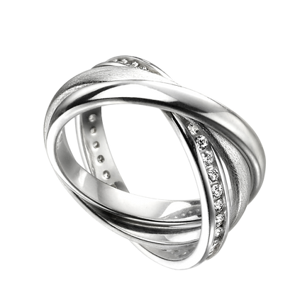 Silver ring with diamond accents on a white background