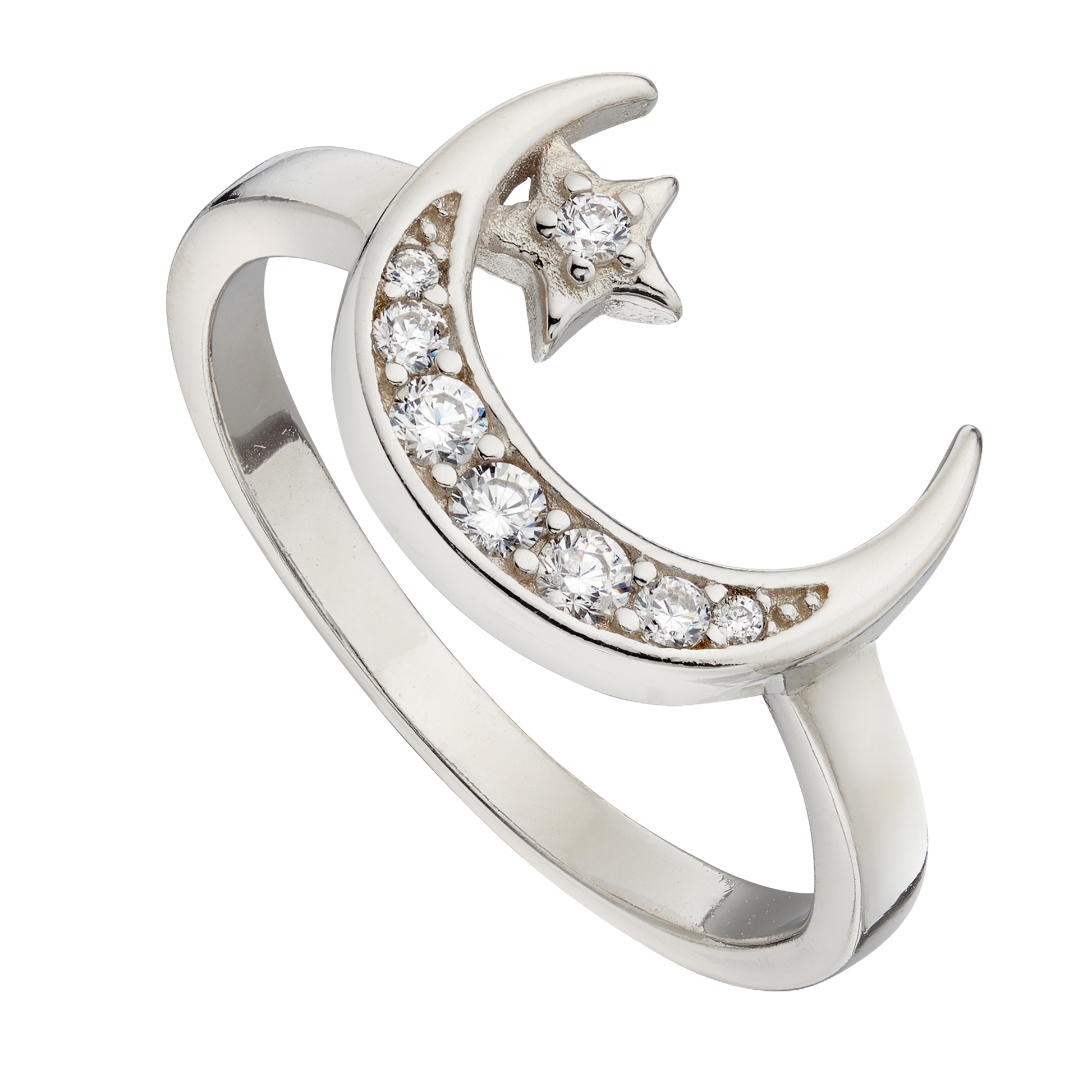 Silver ring with moon and star design on a white background