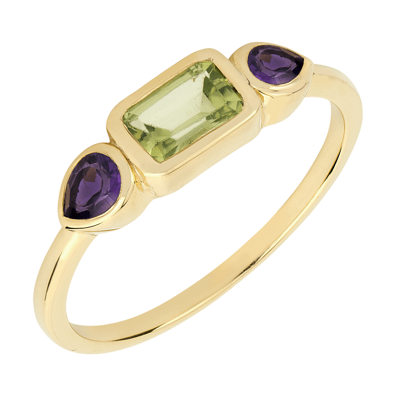 Gold ring with green and purple gemstones on a white background