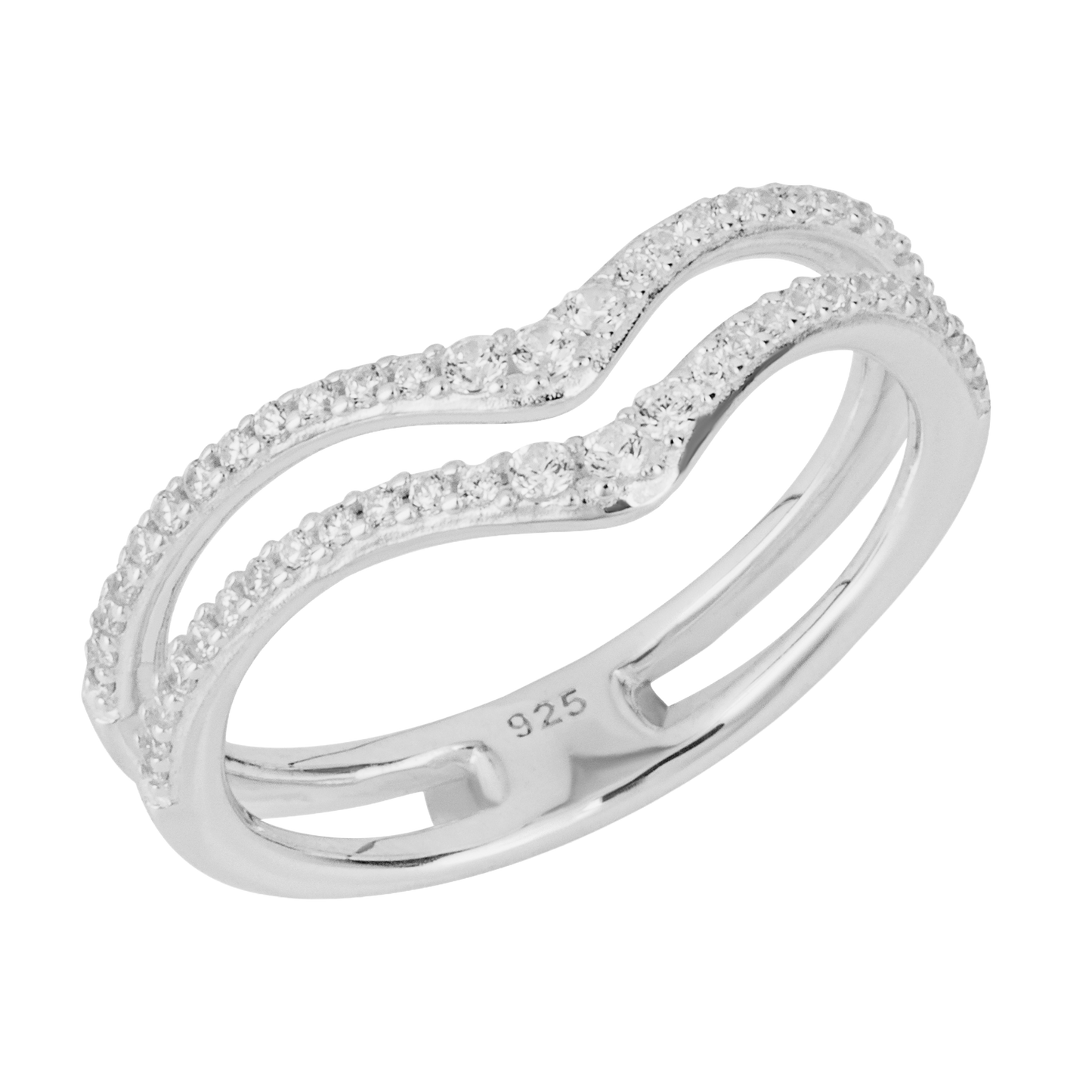 Silver ring with diamond accents on a white background