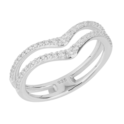Silver ring with diamond accents on a white background