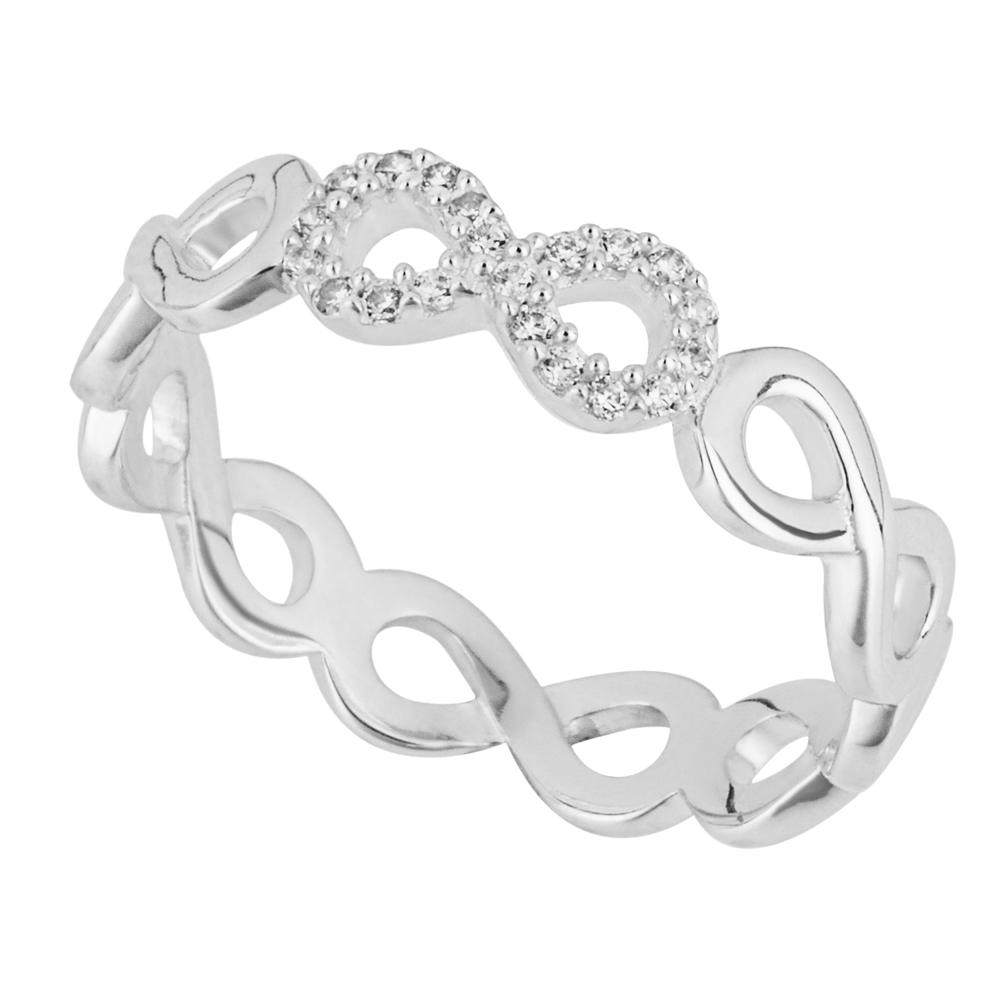 Silver ring with an infinity symbol design on a white background