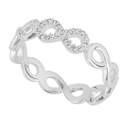 Silver ring with an infinity symbol design on a white background