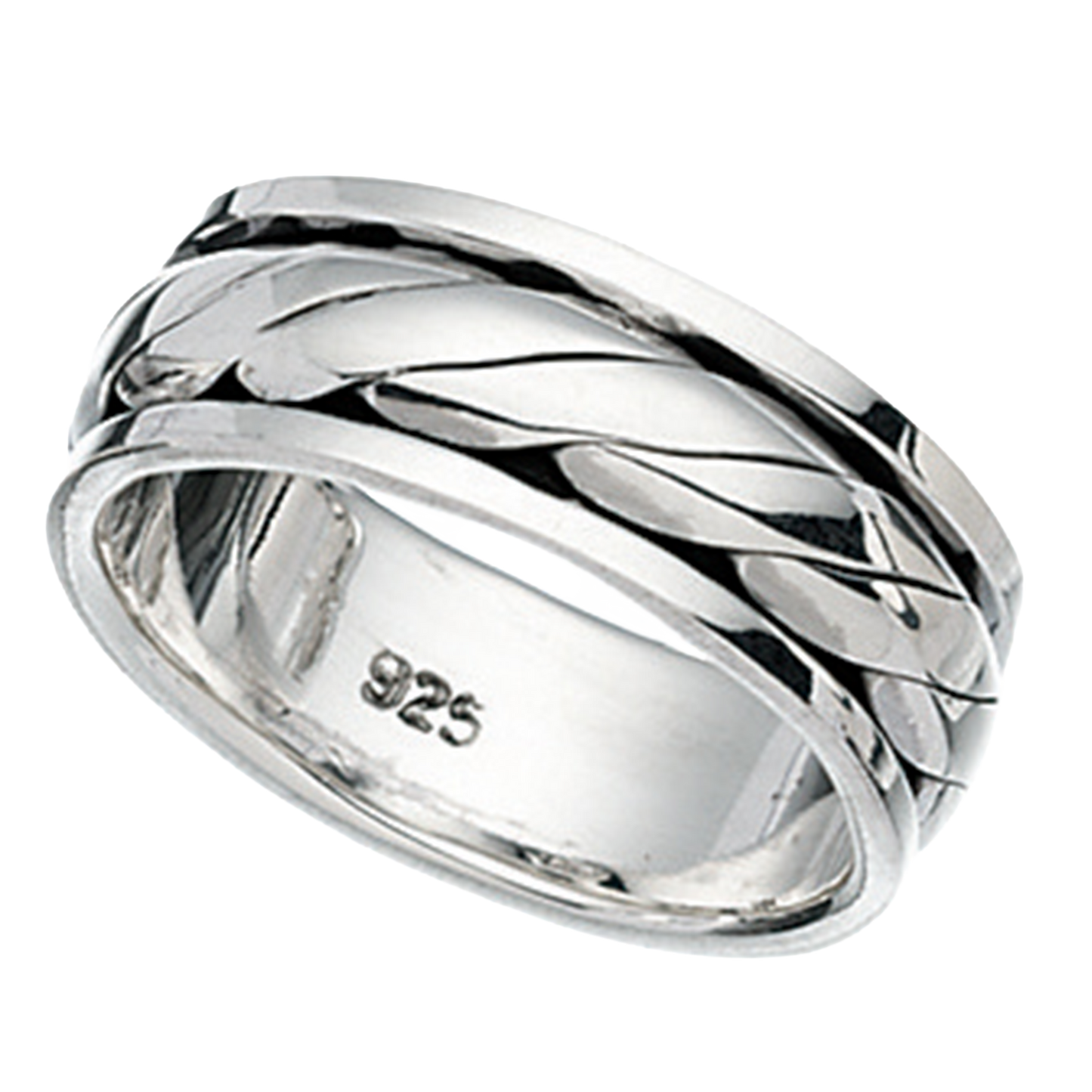 Silver ring with braided design on a white background