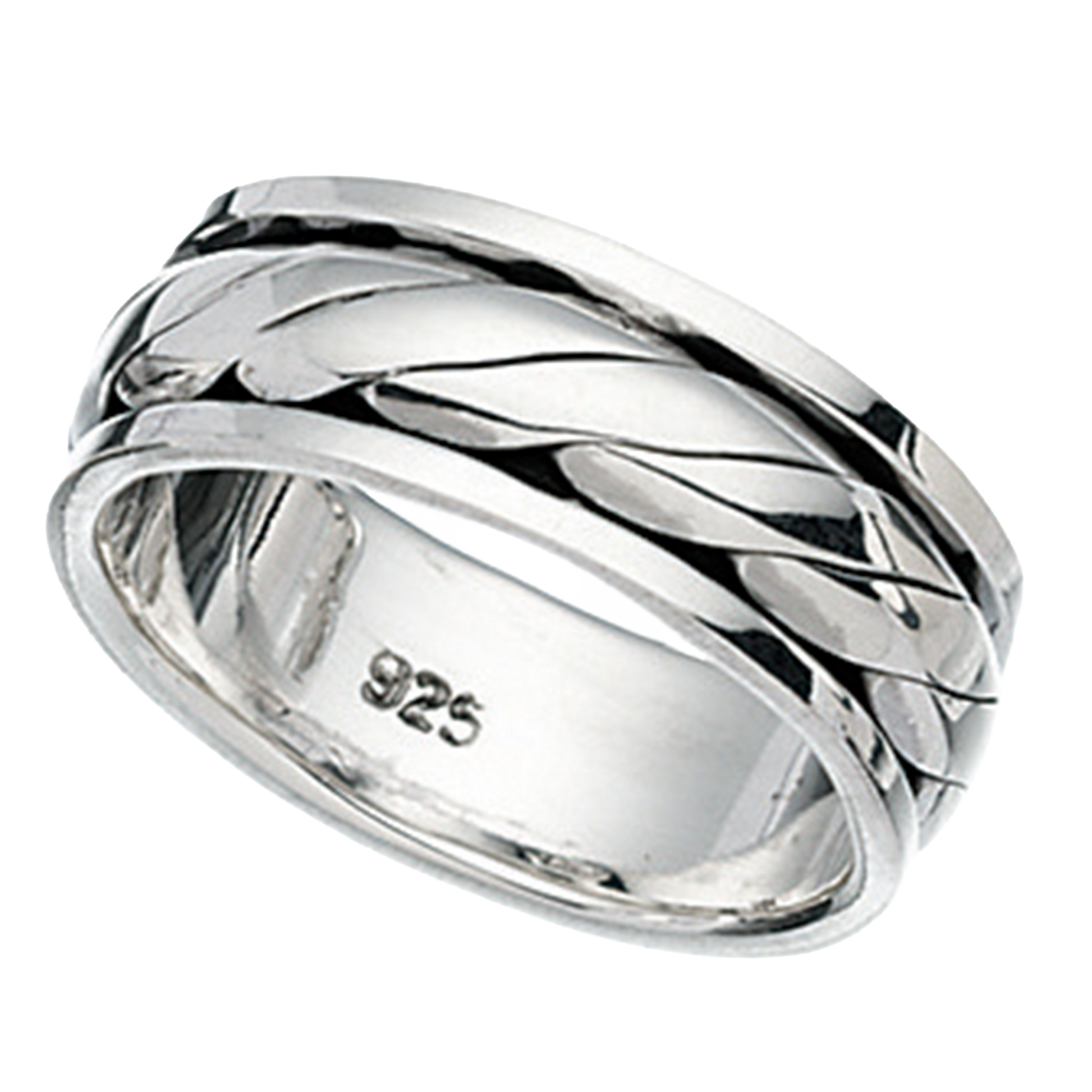 Silver ring with braided design on a white background
