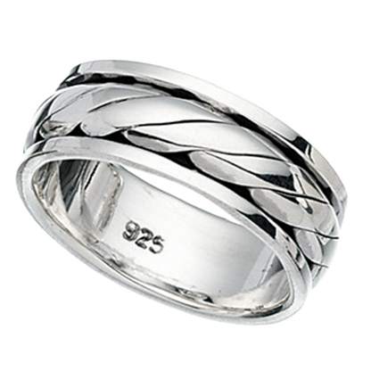 Silver ring with braided design on a white background